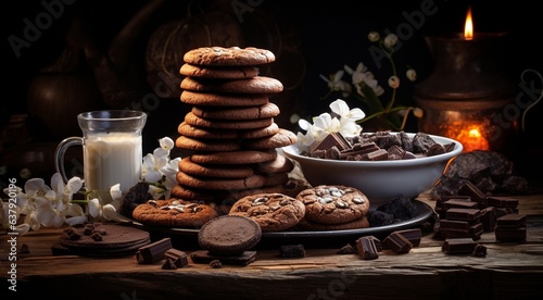 sweets on the abstract background, cookies on the table, sweets, chocolate, colorful background, delicious sweets, sweet background banner
