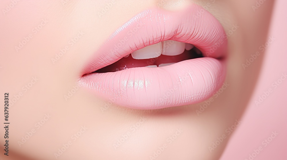 Obraz premium Woman lips, close up view, pastel pink. Beautiful illustration picture. Generative AI