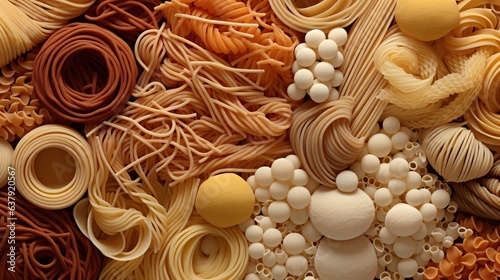 Generative AI, Variety of types, colors and shapes of Italian pasta, texture background