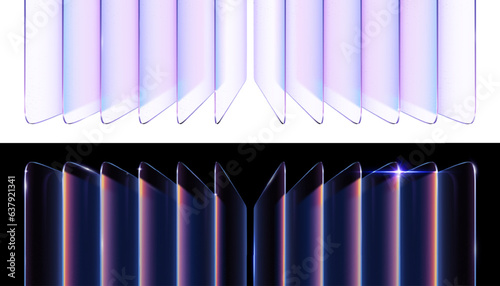 Gradient Glass effect. Stacking cards, row of transparent planes and abstract glossy frosted glass backdrop on black and white backgrounds. Vector illustration