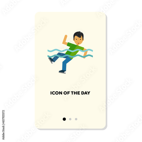 Man drowning in pool or sea flat icon. Vertical sign or vector illustration of person getting hurt or in dangerous situation. Injury, accident, health concept for web design and apps