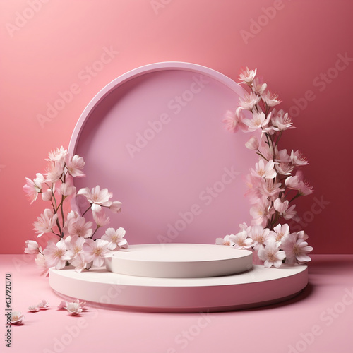 Pink podium stage for product with flowers