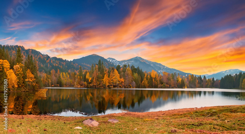 beautiful landscape of a long autumn with large mountains in the background and a beautiful sunset