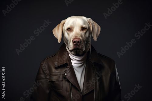 White labrador in a brown leather jacket and a white sweater on a black background