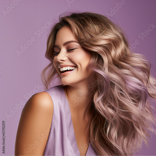 A happy woman , hair is captured in a moment of beauty and style. Her hair cascades down in soft, flowing waves, light purple background