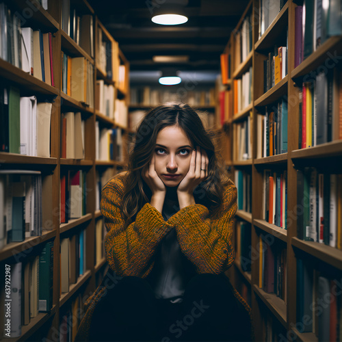 a 30year old girl facing a library shelf, she is leaning into it immersing her face in the books hiding her face completely photo