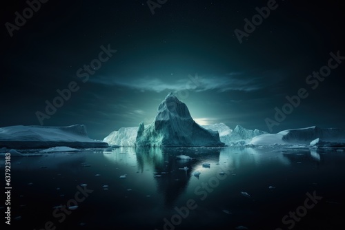 Massive Antarctic iceberg floating in calm cold water on night sky background