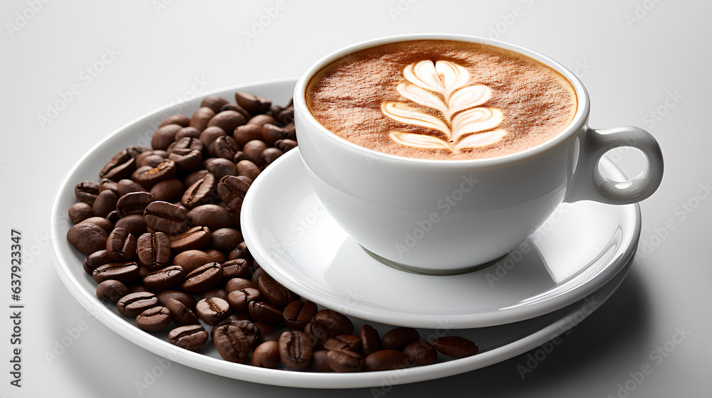 Cup of coffee with latte art and coffee beans on white background Cup of coffee with latte art and coffee beans on white background