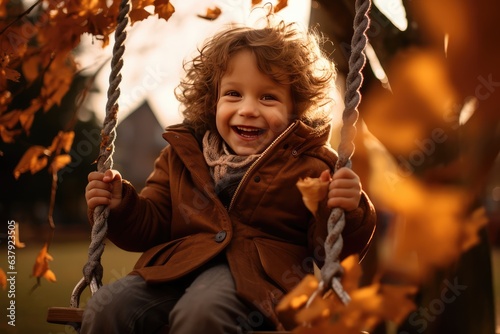 Little boy having fun on a swing on an autumn day photo