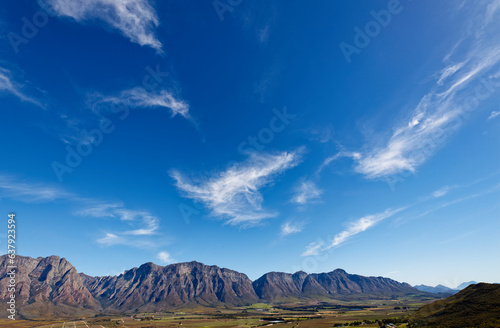 A view of mountains and clouds in Slanghoek Valley in the Western Cape