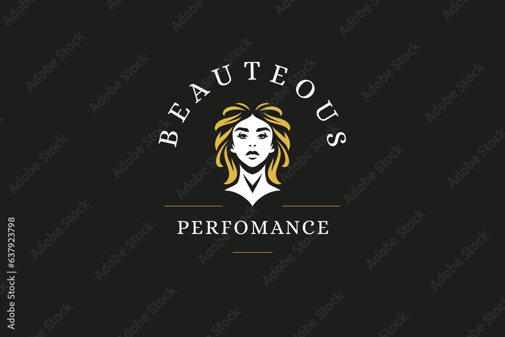 Beautiful female face blonde golden hairstyle retro logo design template hairdressing vector flat