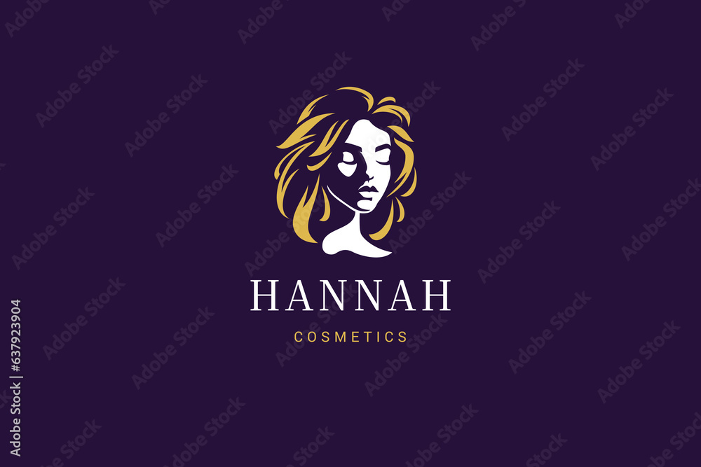 Romantic beauty blonde female face silhouette retro logo design template for cosmetic vector flat