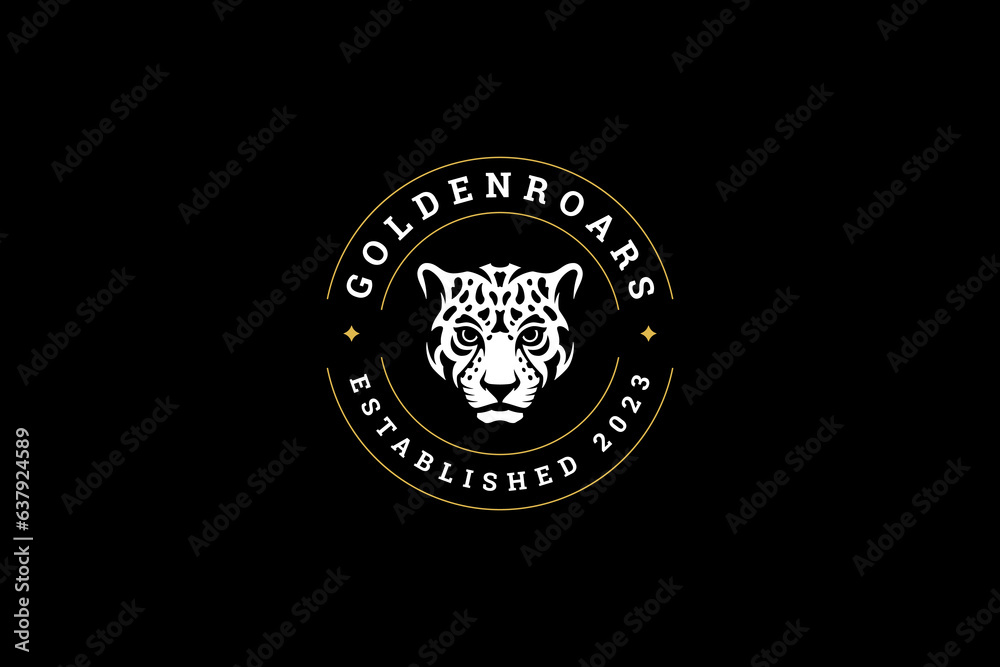 Fototapeta premium Leopard face strong African feline predator head minimalist logo design template vector flat