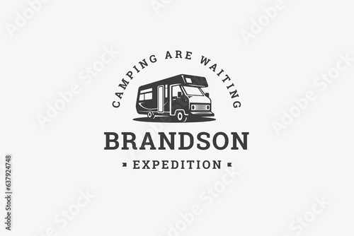 Camping travel bus journey trip expedition summer vacation van logo design template isometric vector