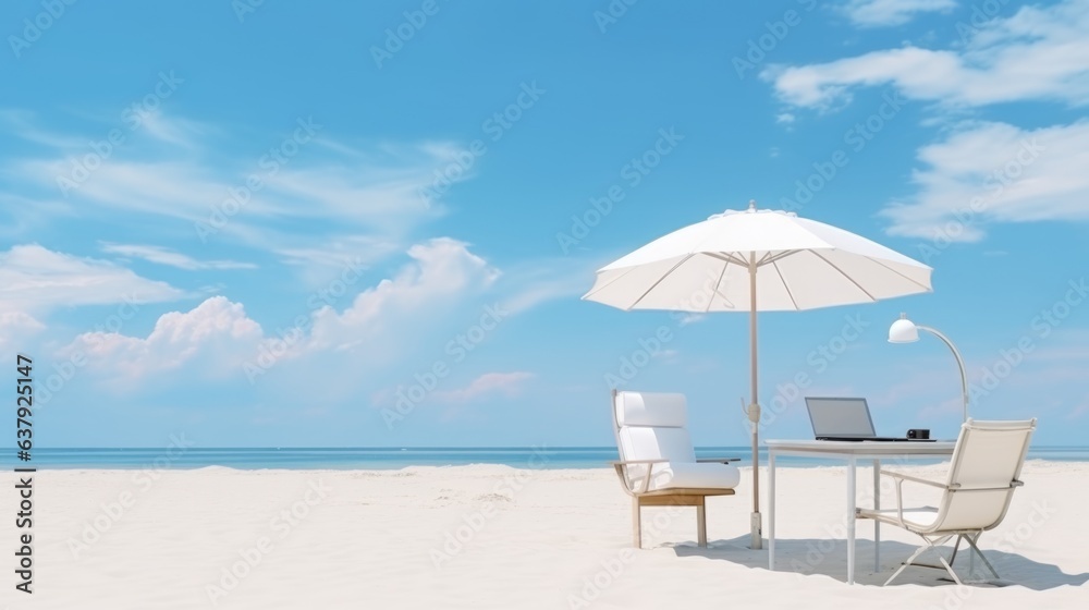 Businessman's outdoor office or outdoor workplace while he travels on his holiday. 