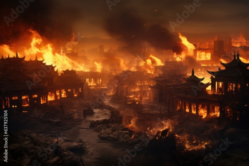 A burned city, apocalyptic scene , traditional chinese pavillion in flame, generative ai 