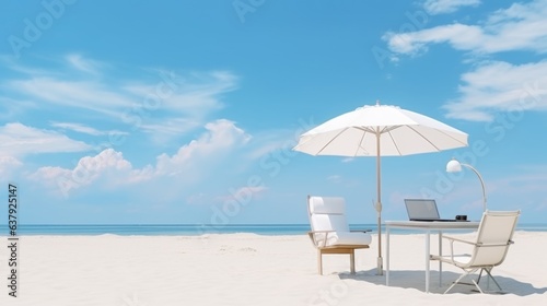 Businessman s outdoor office or outdoor workplace while he travels on his holiday. 