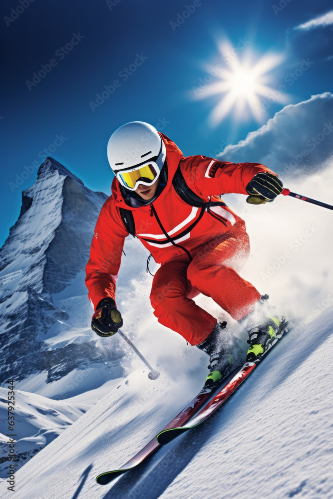 Sports shot of a skier riding down a mountain. The skier wears a red clothing and an helmet and snowy summit in background