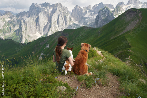 girl and two dogs in the mountains. Traveling with a pet, adventure animal. Hiking in the peaks of Montenegro, Albania