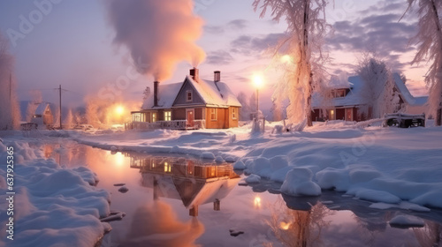 A snow-covered village with smoke curling from kitchen chimneys and small river