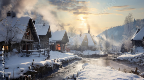 A snow-covered village with smoke curling from kitchen chimneys and small river