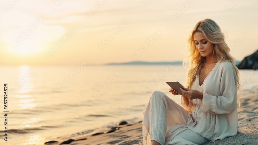 A businesswoman is working online with her smartphone while she travel on her vacation. A businesswoman is working online with her smartphone while she travel on her vacation.