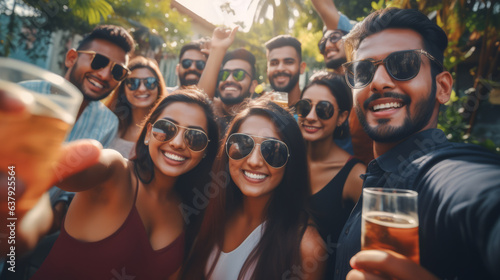 Bunch of young people in a party with glasses in hand, Indian looking people , summer vibe with man and woman outdoor festive gathering