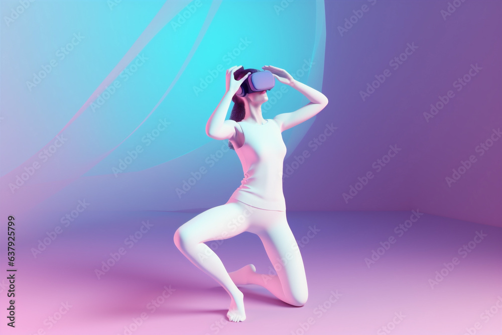 Fototapeta premium woman vr glasses digital innovation neon reality metaverse sport game virtual. Generative AI.