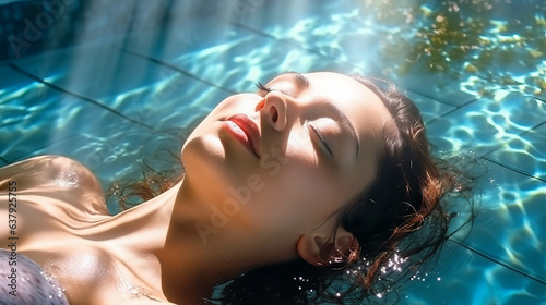 View of woman relaxing in the swimming pool water with closed eyes , close-up head view