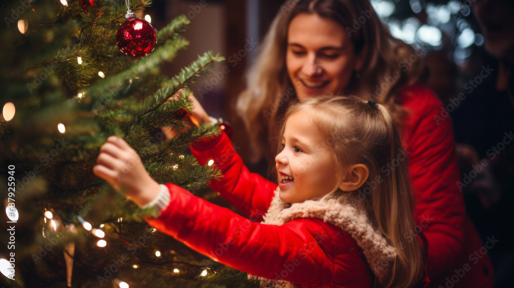 Happy parent helping their daughter decorate the house christmas tree , smiling young girl enjoying festive activities concept Happy parent helping their daughter decorate the house christmas tree , smiling young girl enjoying festive activities concept
