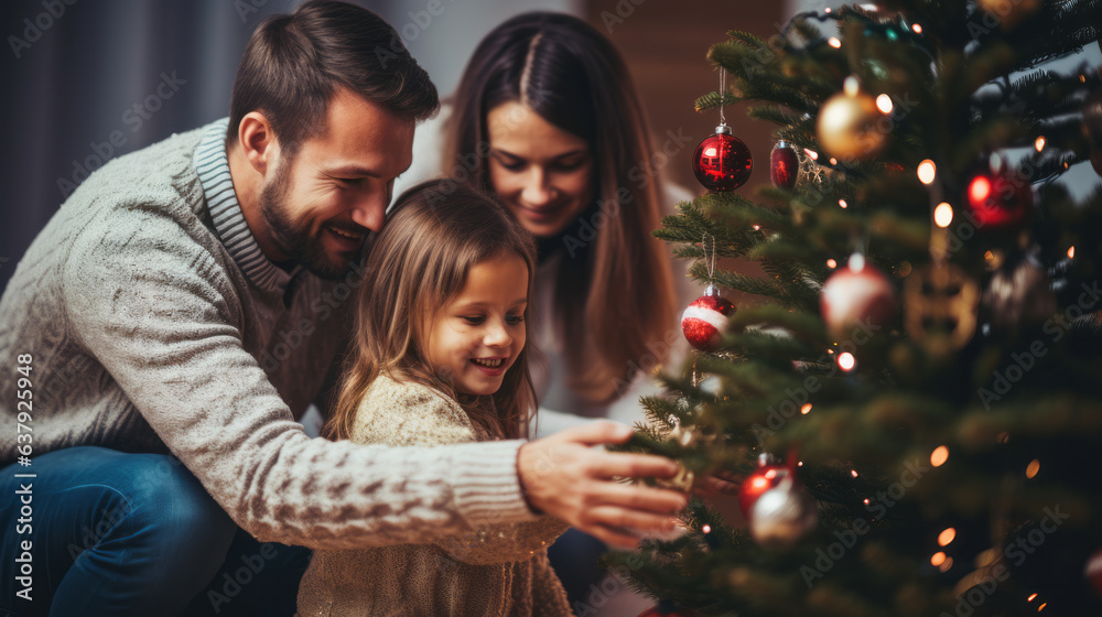Happy parent helping their daughter decorate the house christmas tree , smiling young girl enjoying festive activities concept - obrazy, fototapety, plakaty 