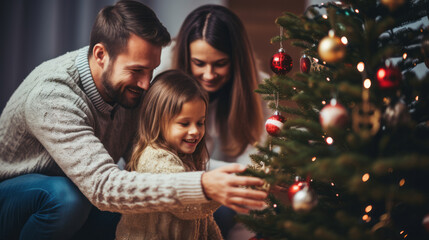 Happy parent helping their daughter decorate the house christmas tree , smiling young girl enjoying festive activities concept