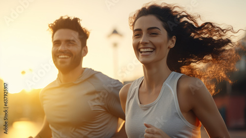 Adults couple running in sports outfit and smiling together in the morning light