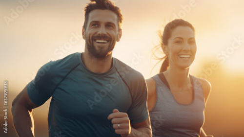 Adults couple running in sports outfit and smiling together in the morning light