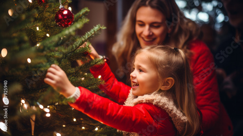 Happy parent helping their daughter decorate the house christmas tree , smiling young girl enjoying festive activities concept