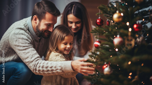 Happy parent helping their daughter decorate the house christmas tree , smiling young girl enjoying festive activities concept photo