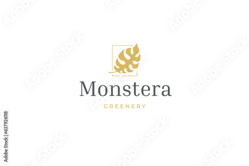 Golden monstera leaf geometric retro logo design template for fashion beauty jewellery vector flat
