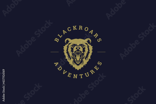 Angry roaring bear head golden premium retro logo design template for hunting club team vector flat