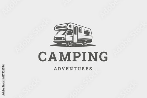 Camping van expedition wanderlust summer road trip retro logo design template isometric vector