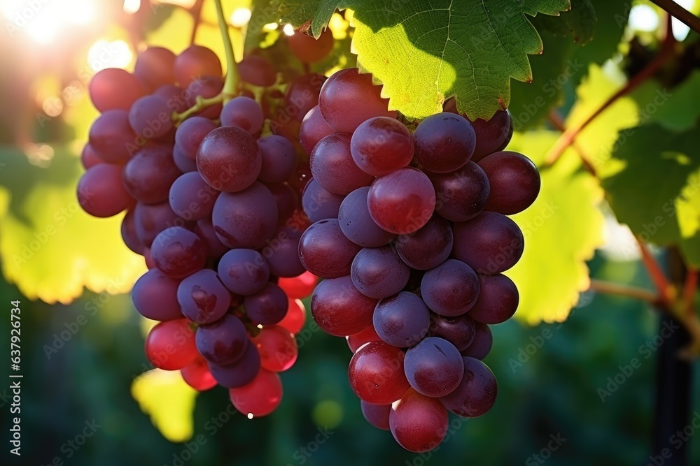 Vineyard with ripe grapes in countryside at sunset. Autumn harvest.