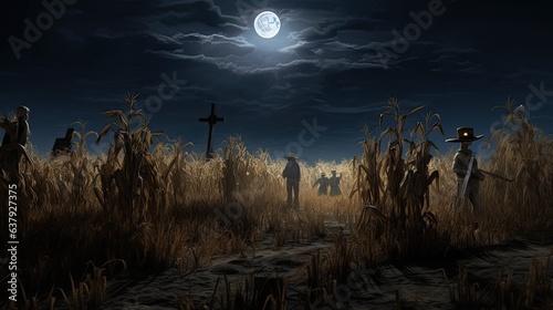 A haunted cornfield with scarecrows that seem to come alive under the moonlight - Generative ai