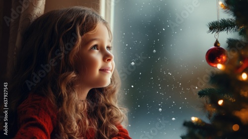 A little girl looking out a window at a christmas tree photo
