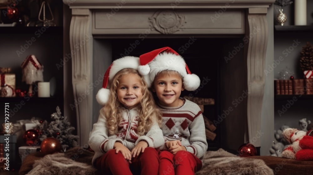 Two little girls wearing santa hats sitting in front of a fireplace Two little girls wearing santa hats sitting in front of a fireplace