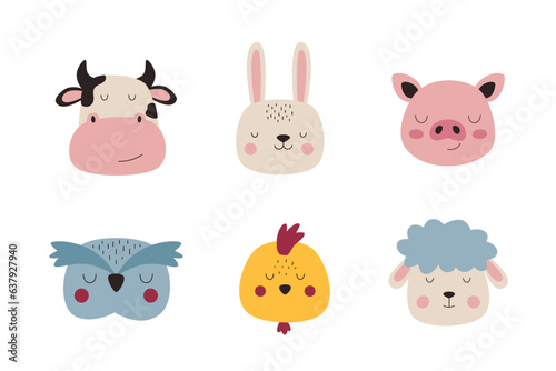 A set of cute animal faces. Colorful animal portraits for cards, posters and other designs