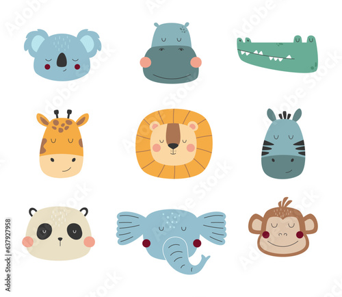 Big set сute safari animal faces. Design for baby clothes, notebooks, posters. Vector illustrations in cartoon style
