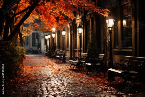 Bench in the street at night with lanterns and fall red leaves. Autumn romantic view. generative Ai