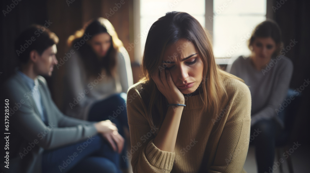 Obraz premium Sad depressed Woman at support group meeting for mental health and addiction issues in anonymous community space with many people around