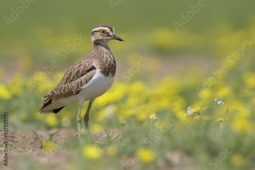 A bird standing in a field of yellow flowers