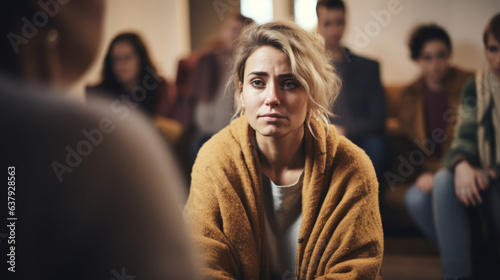 Sad depressed woman at support group meeting for mental health and addiction issues in anonymous community space with many people around
