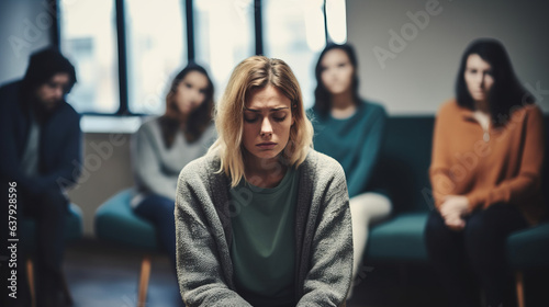Sad depressed Woman at support group meeting for mental health and addiction issues in anonymous community space with many people around